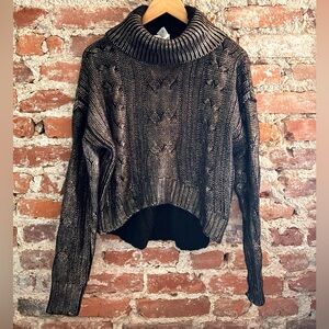 Allison New York Chunky Knit Turtleneck Sweater - Black and Gold Metallic Coated